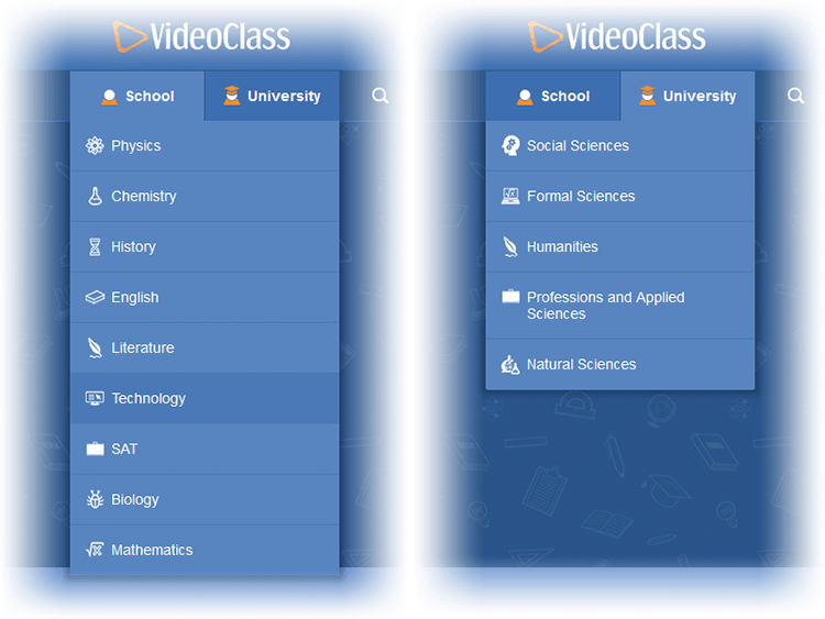Left menu with subjects